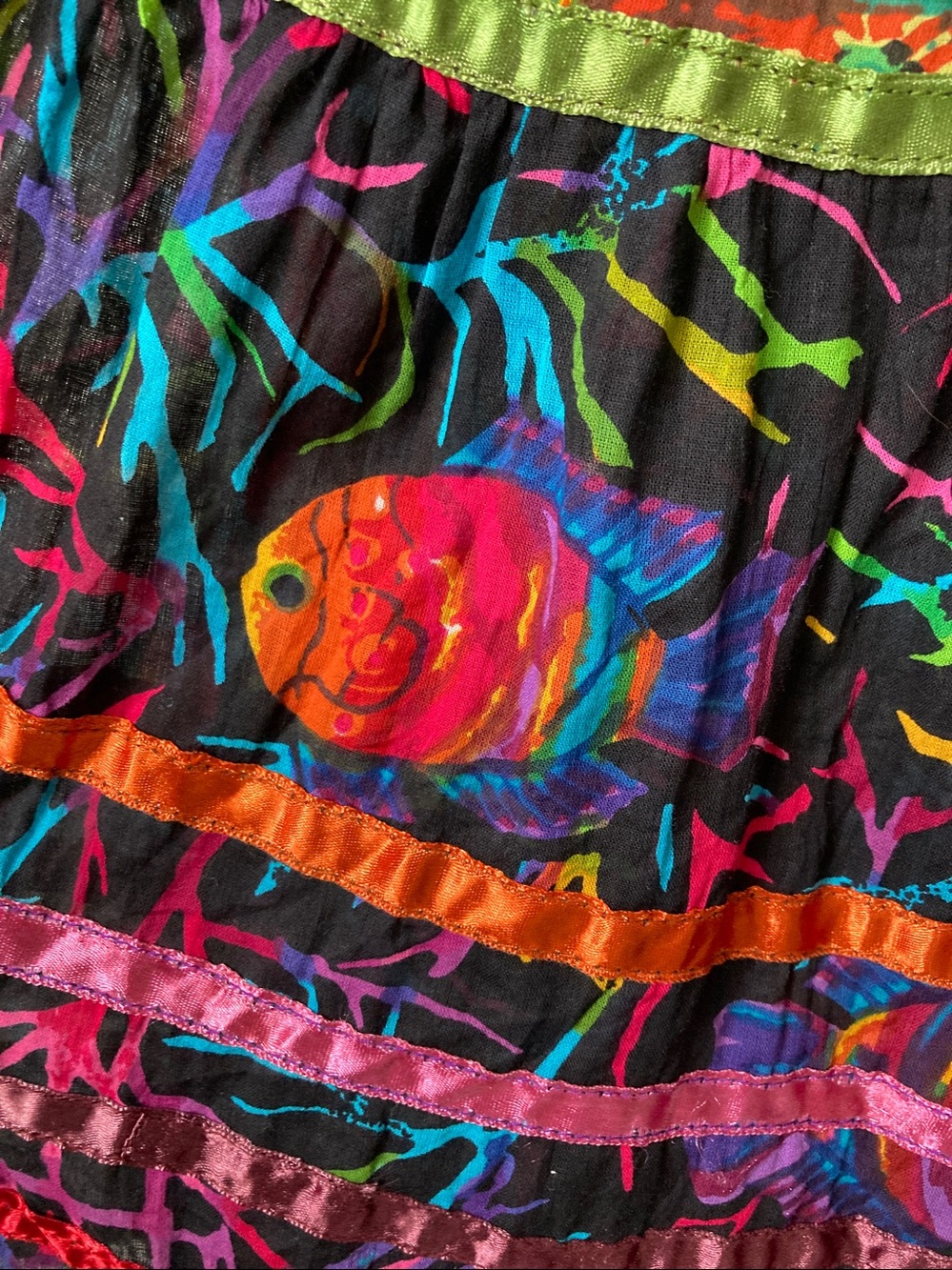 Vintage 90s Y2K Maxi Skirt Fish Floral Fruit Abstract Satin Ribbon trim sz M - Picture 5 of 10